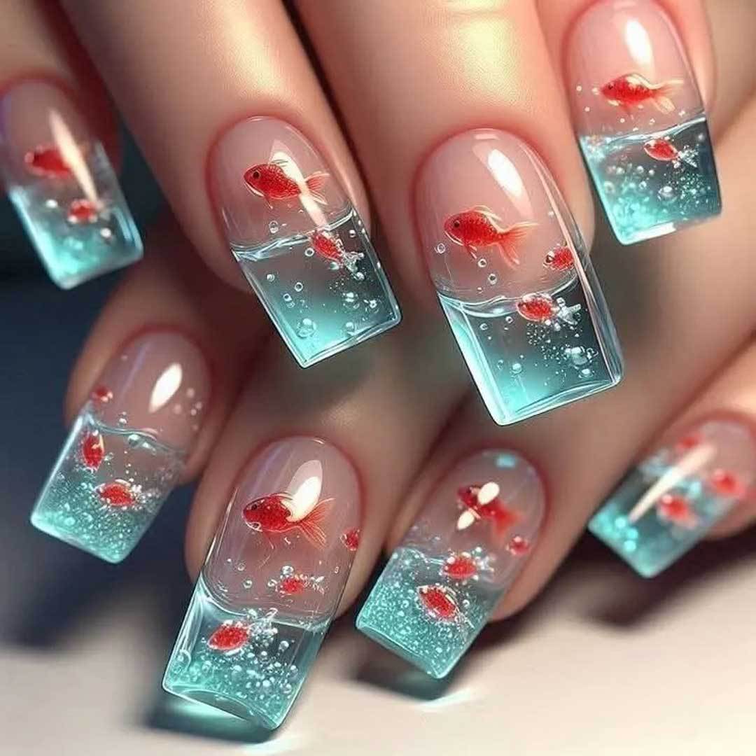 Press-on cross-border nail stickers - blue color nail water tank goldfish rectangular nail stickers