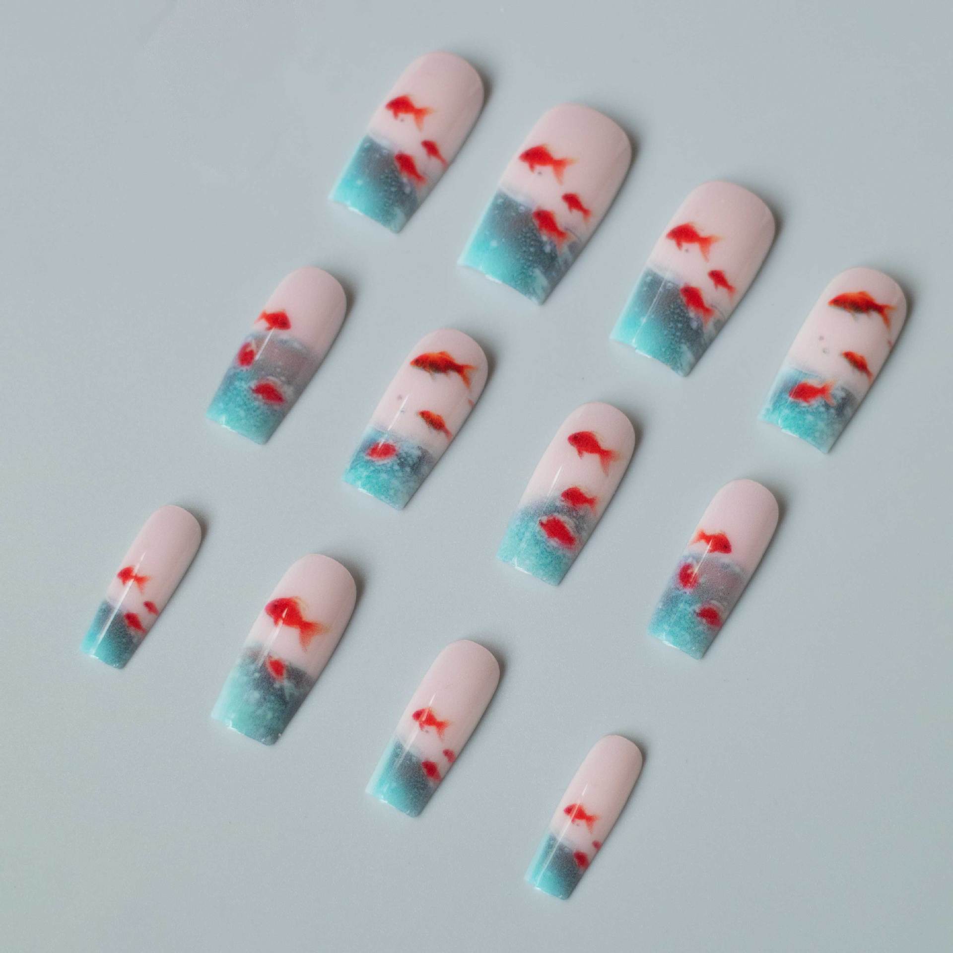 Press-on cross-border nail stickers - blue color nail water tank goldfish rectangular nail stickers view 5