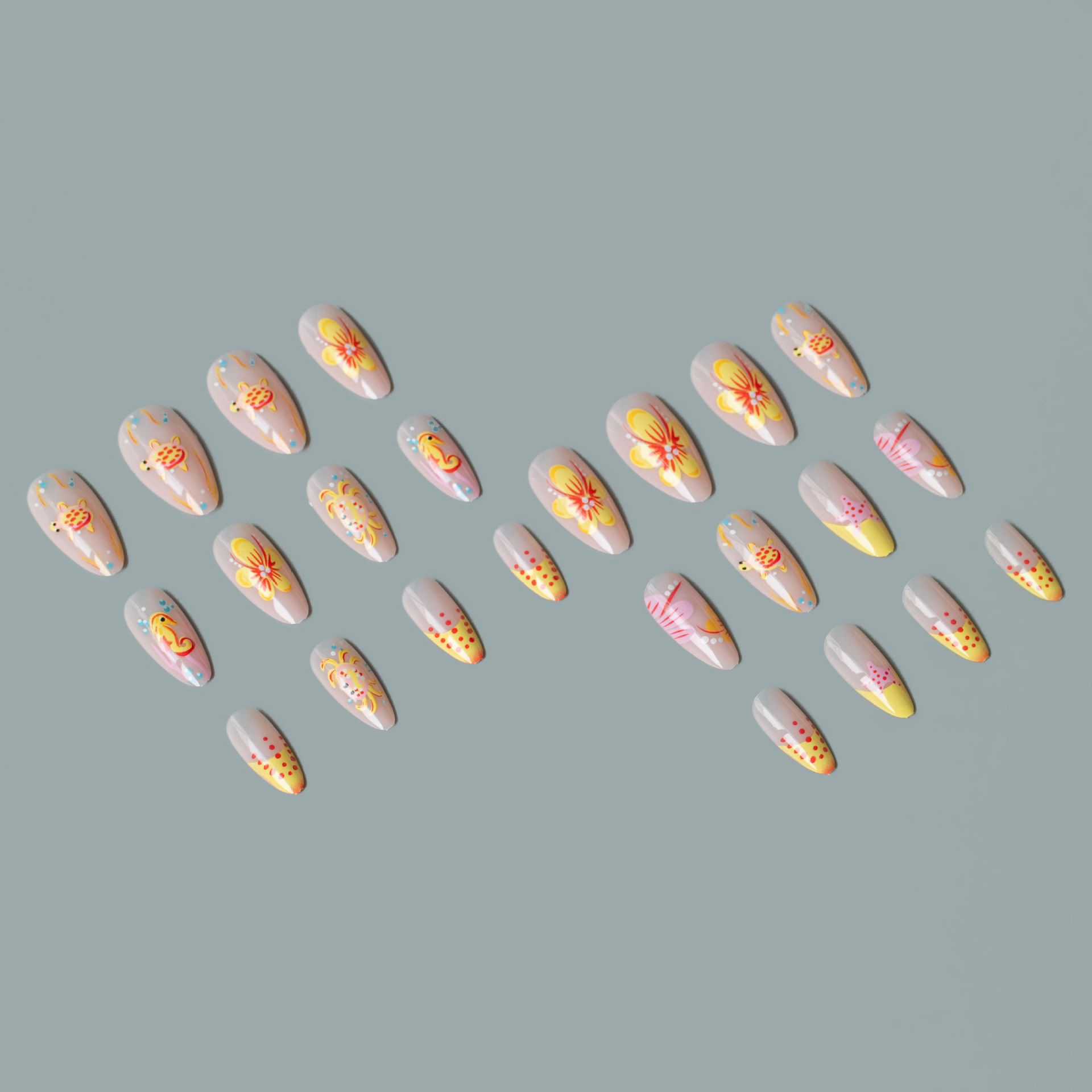Cute and charming powder orange ocean-themed cute creature paradise nail art set with 24 detachable and wearable nail decorations