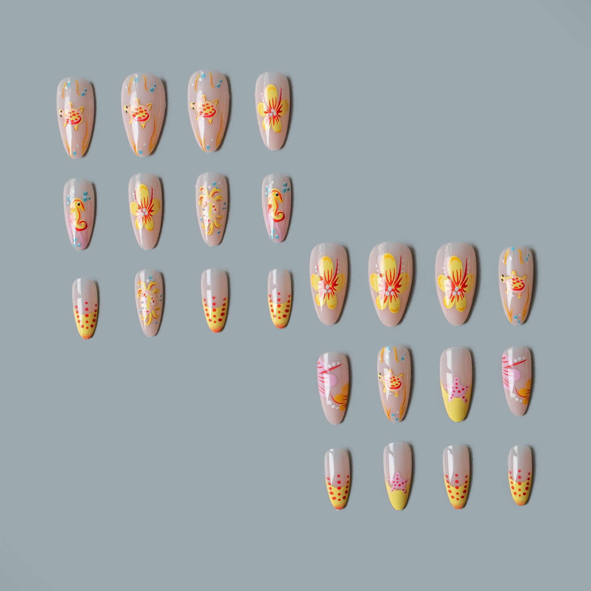 Cute and charming powder orange ocean-themed cute creature paradise nail art set with 24 detachable and wearable nail decorations