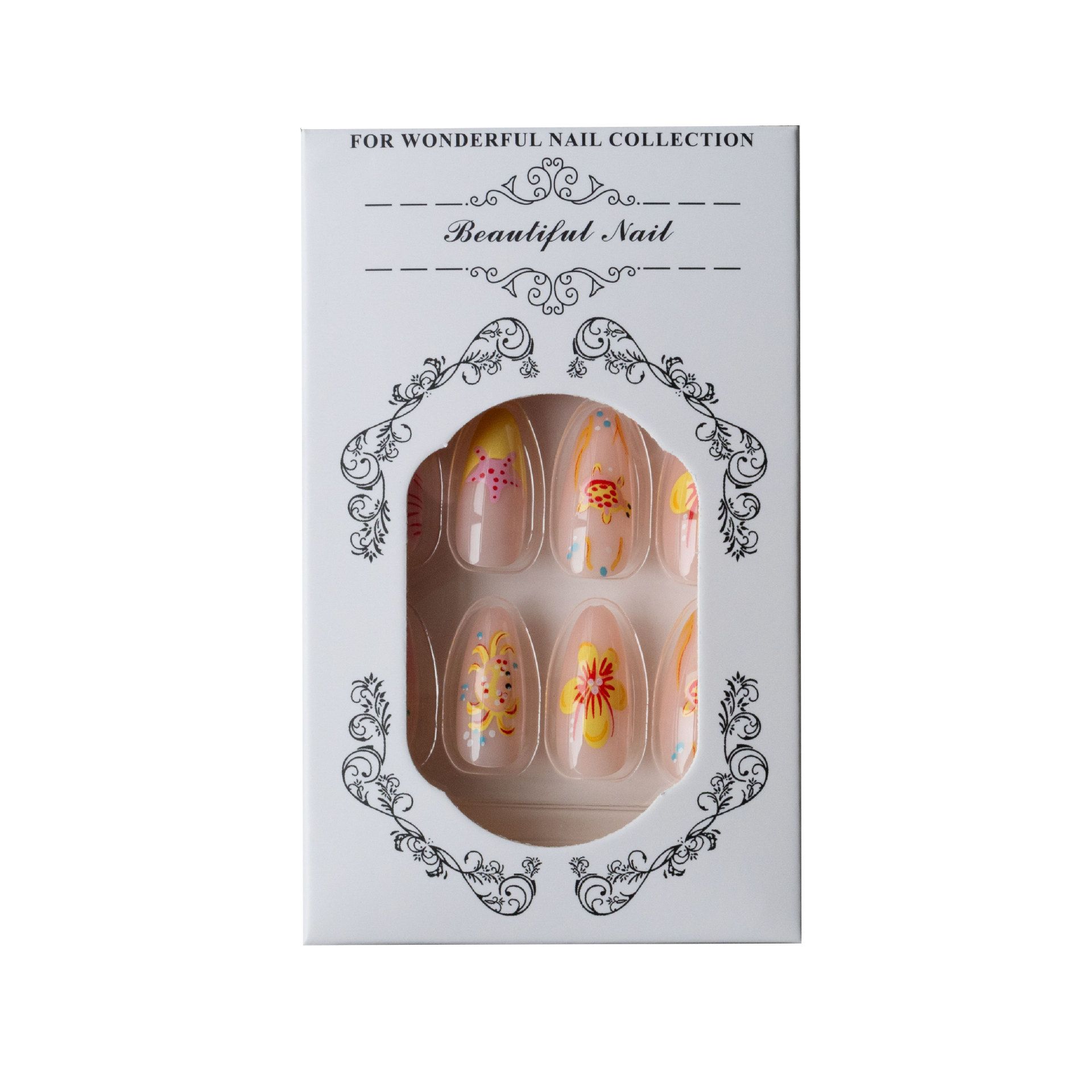 Cute and charming powder orange ocean-themed cute creature paradise nail art set with 24 detachable and wearable nail decorations