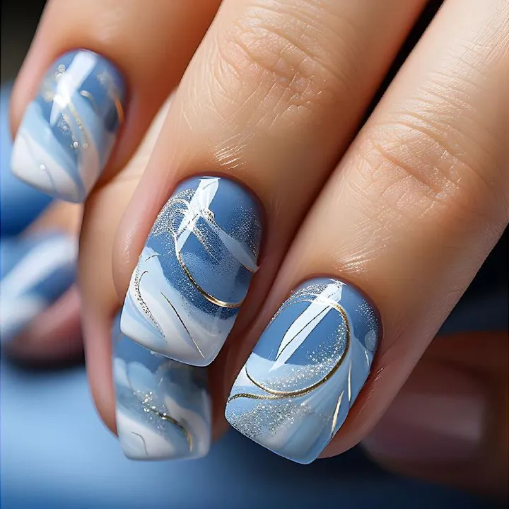 Fresh and elegant blue and white gradient wearable nail stickers, finished product, European-style fake nail stickers