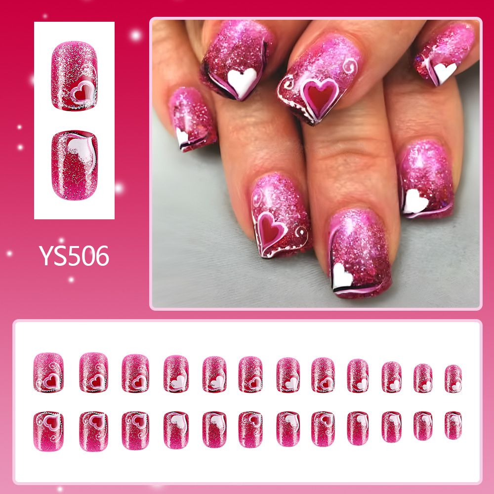 Short, shiny heart-shaped wearable nails, dazzling daily style, sweet line design, false nails, 24 pieces. view 2