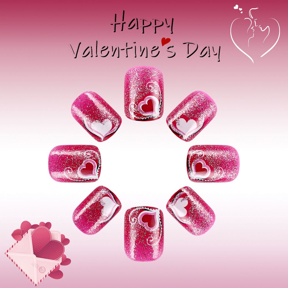 Short, shiny heart-shaped wearable nails, dazzling daily style, sweet line design, false nails, 24 pieces. view 4
