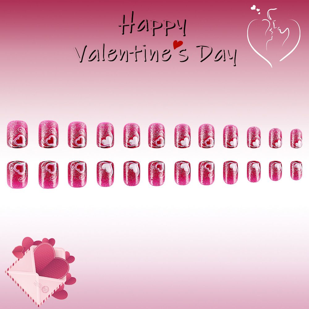 Short, shiny heart-shaped wearable nails, dazzling daily style, sweet line design, false nails, 24 pieces. view 3