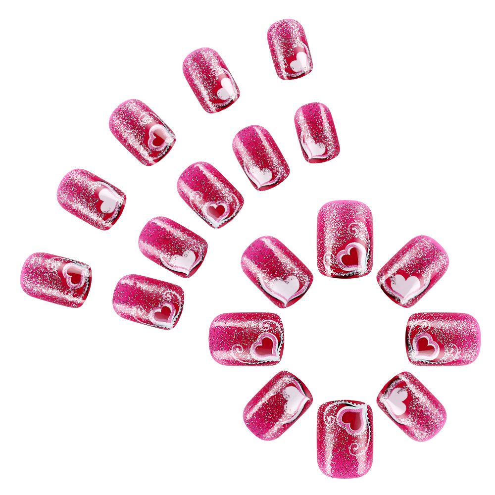 Short, shiny heart-shaped wearable nails, dazzling daily style, sweet line design, false nails, 24 pieces. view 5