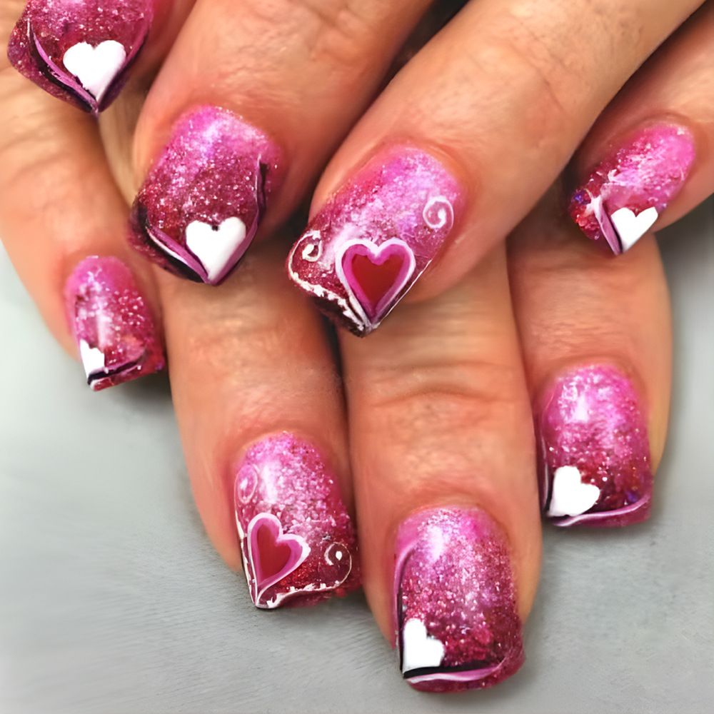 Short, shiny heart-shaped wearable nails, dazzling daily style, sweet line design, false nails, 24 pieces.