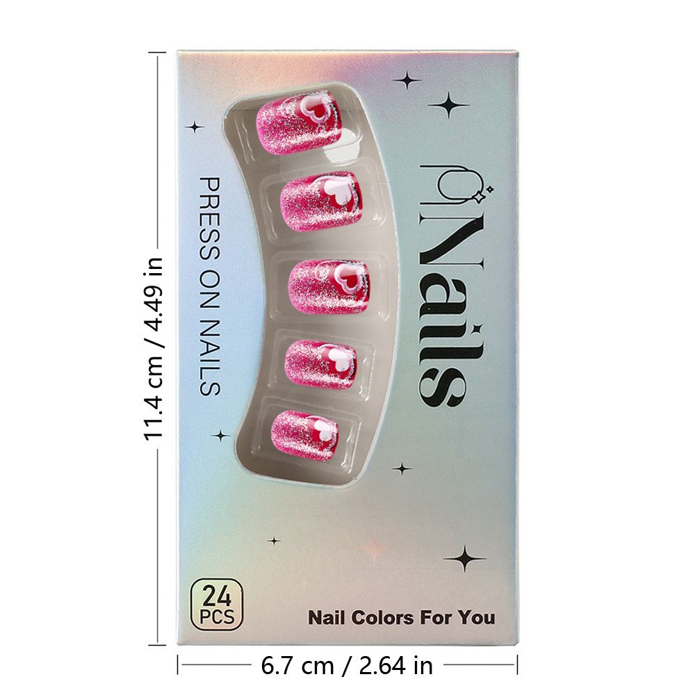 Short, shiny heart-shaped wearable nails, dazzling daily style, sweet line design, false nails, 24 pieces. view 8