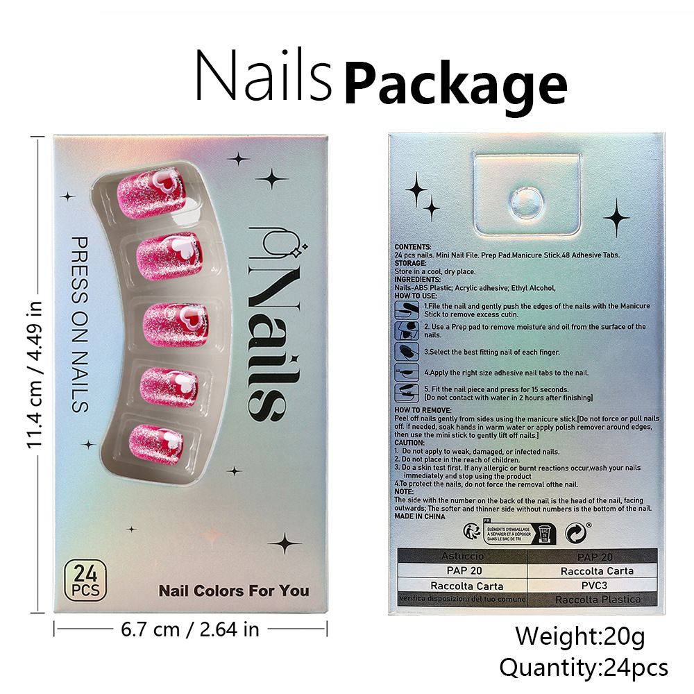 Short, shiny heart-shaped wearable nails, dazzling daily style, sweet line design, false nails, 24 pieces. view 7