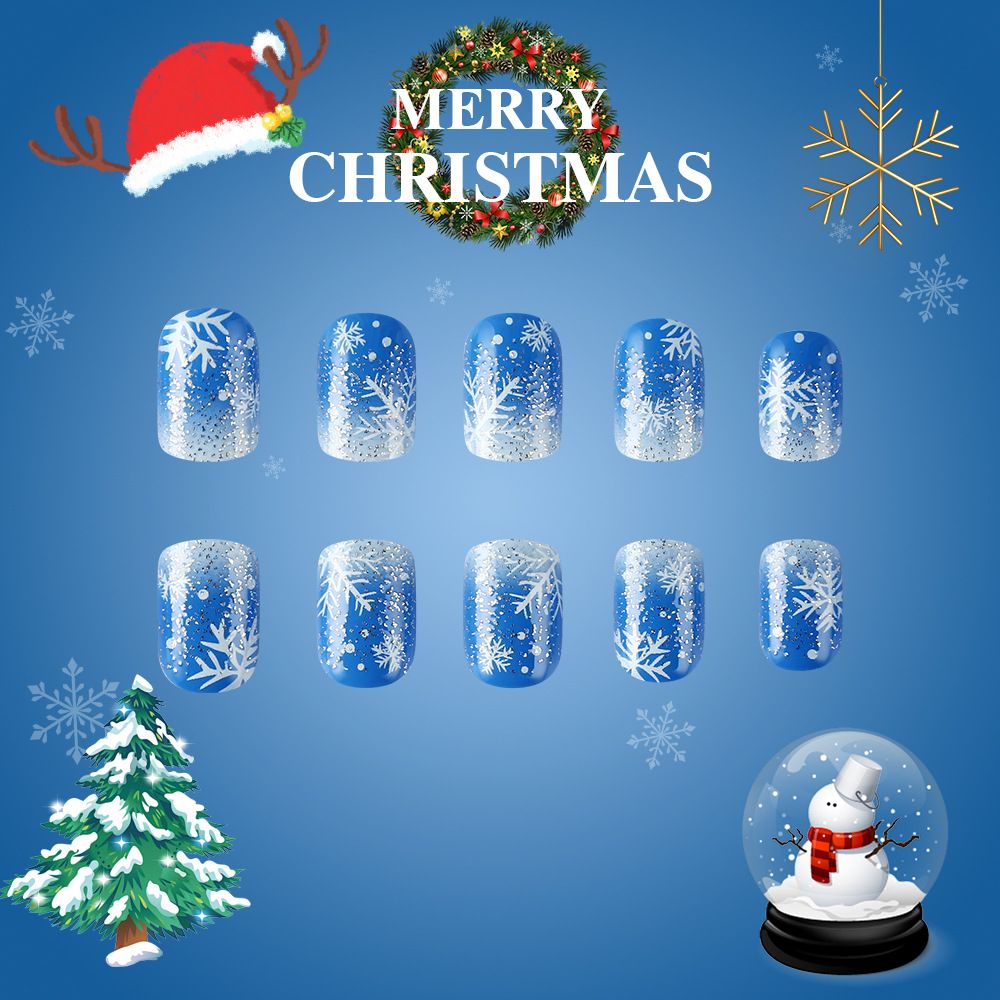 Short shiny square toe Christmas nail set - blue glitter fake nails - 24 pieces - ready-to-wear nails view 3