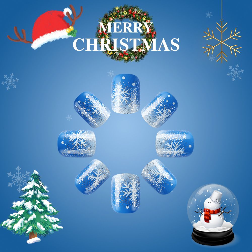 Short shiny square toe Christmas nail set - blue glitter fake nails - 24 pieces - ready-to-wear nails view 2