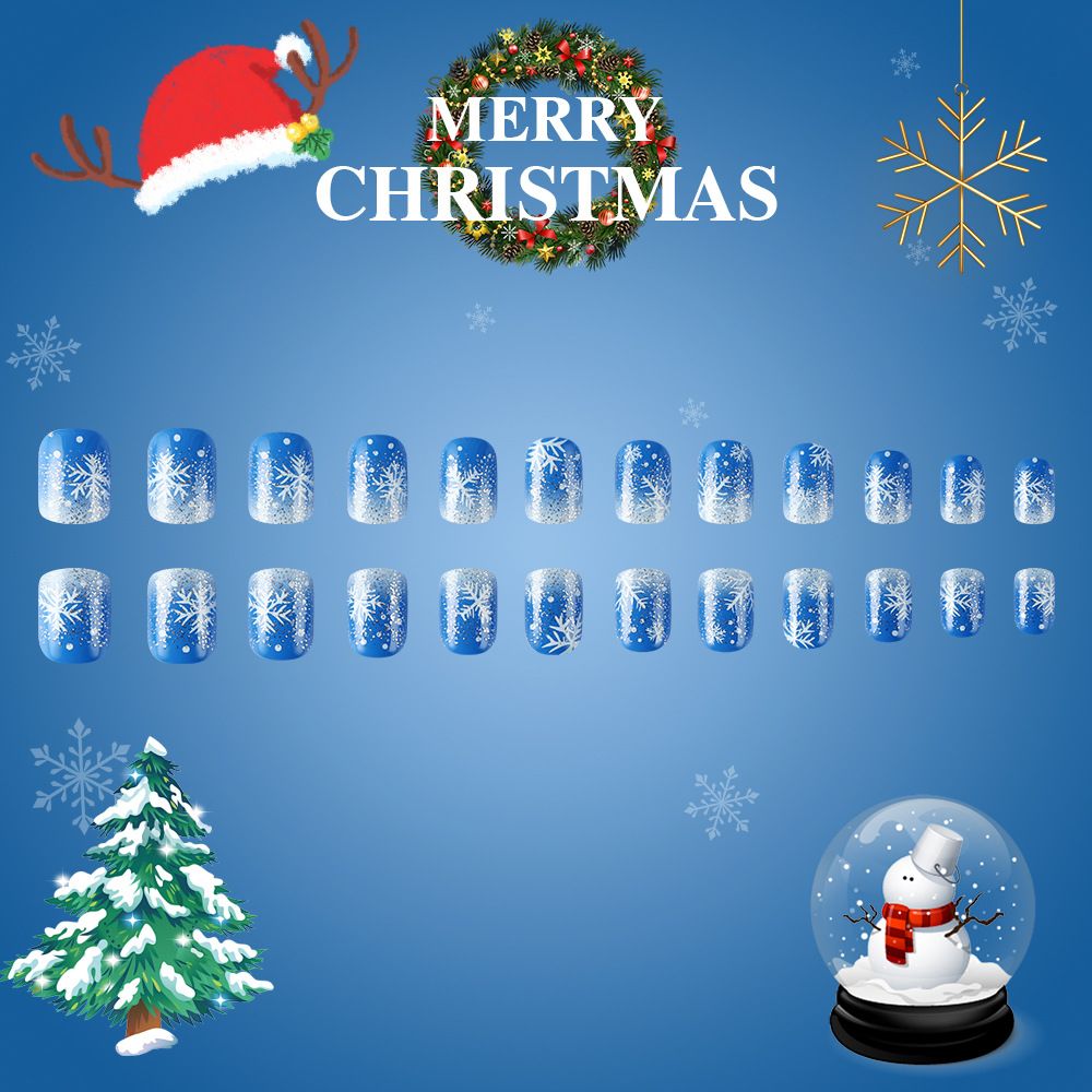 Short shiny square toe Christmas nail set - blue glitter fake nails - 24 pieces - ready-to-wear nails view 4