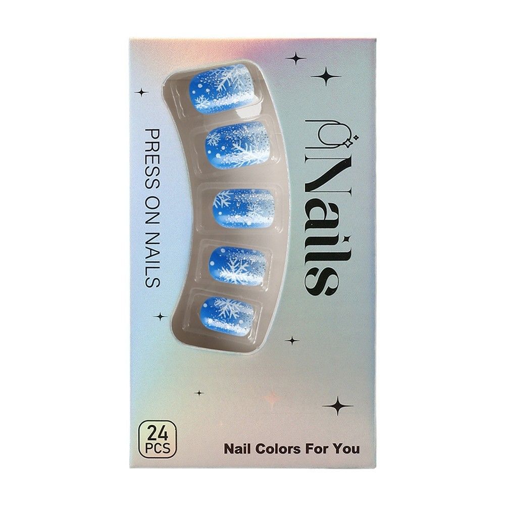 Short shiny square toe Christmas nail set - blue glitter fake nails - 24 pieces - ready-to-wear nails view 6