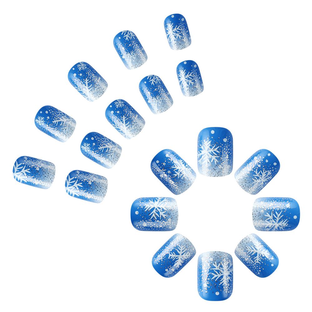 Short shiny square toe Christmas nail set - blue glitter fake nails - 24 pieces - ready-to-wear nails view 5