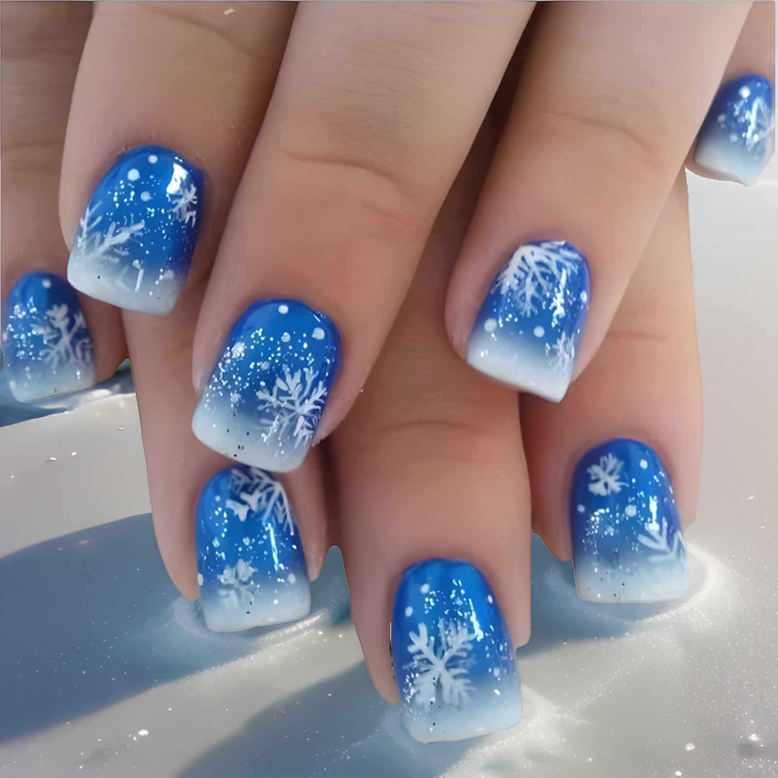 Short shiny square toe Christmas nail set - blue glitter fake nails - 24 pieces - ready-to-wear nails