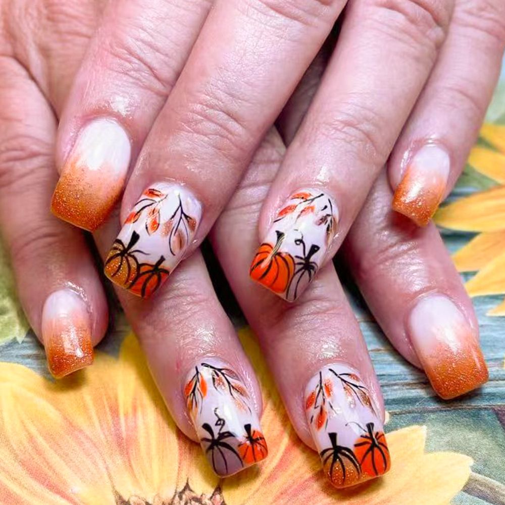 Short style glossy autumn-winter wear nail art French pumpkin glitter nail art stickers popular for Thanksgiving in Europe and America, 24 pieces