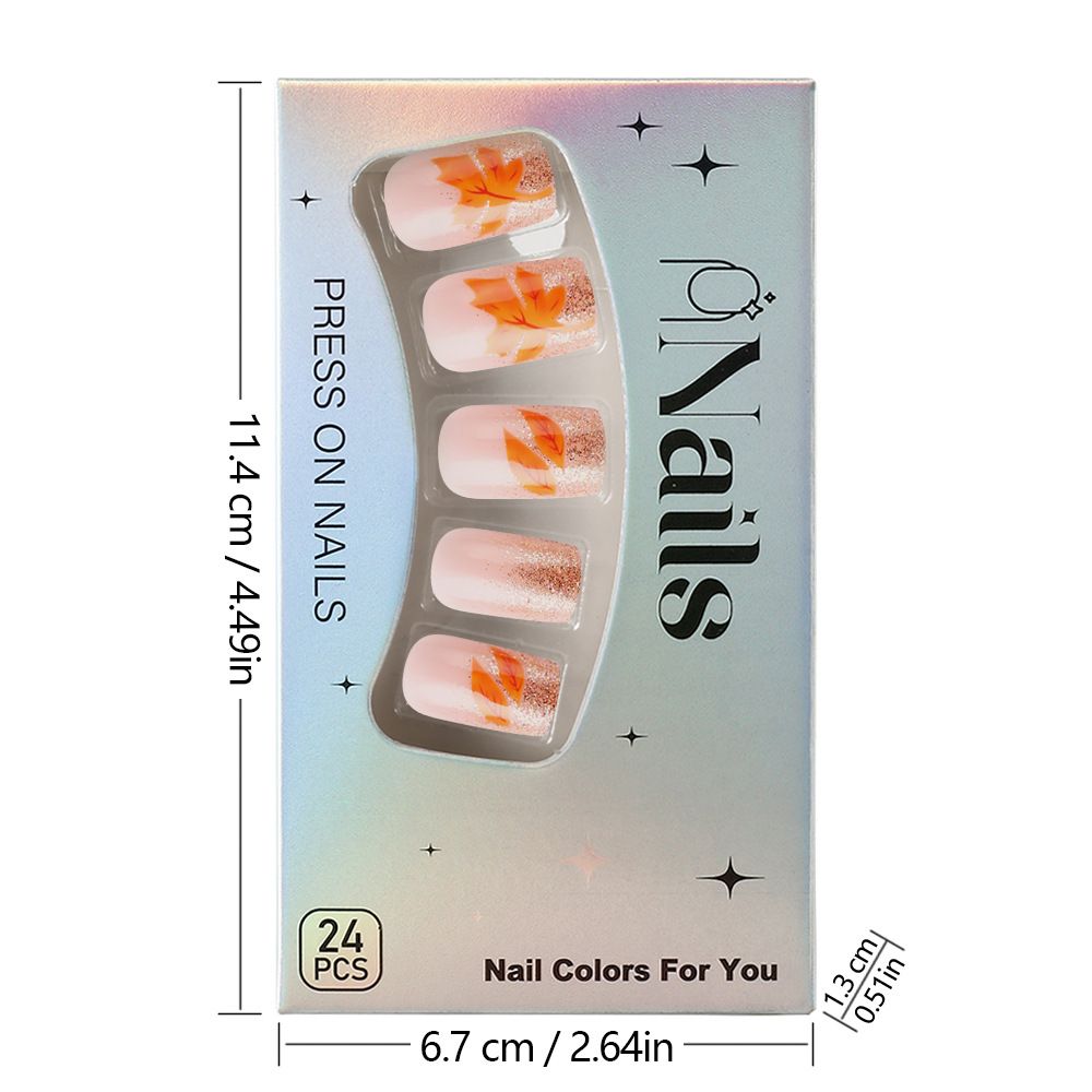 Daily style short-style armored nail sticker with shiny golden glitter and maple leaf design. 24 pieces of fake nails for export. Nail sticker. view 3