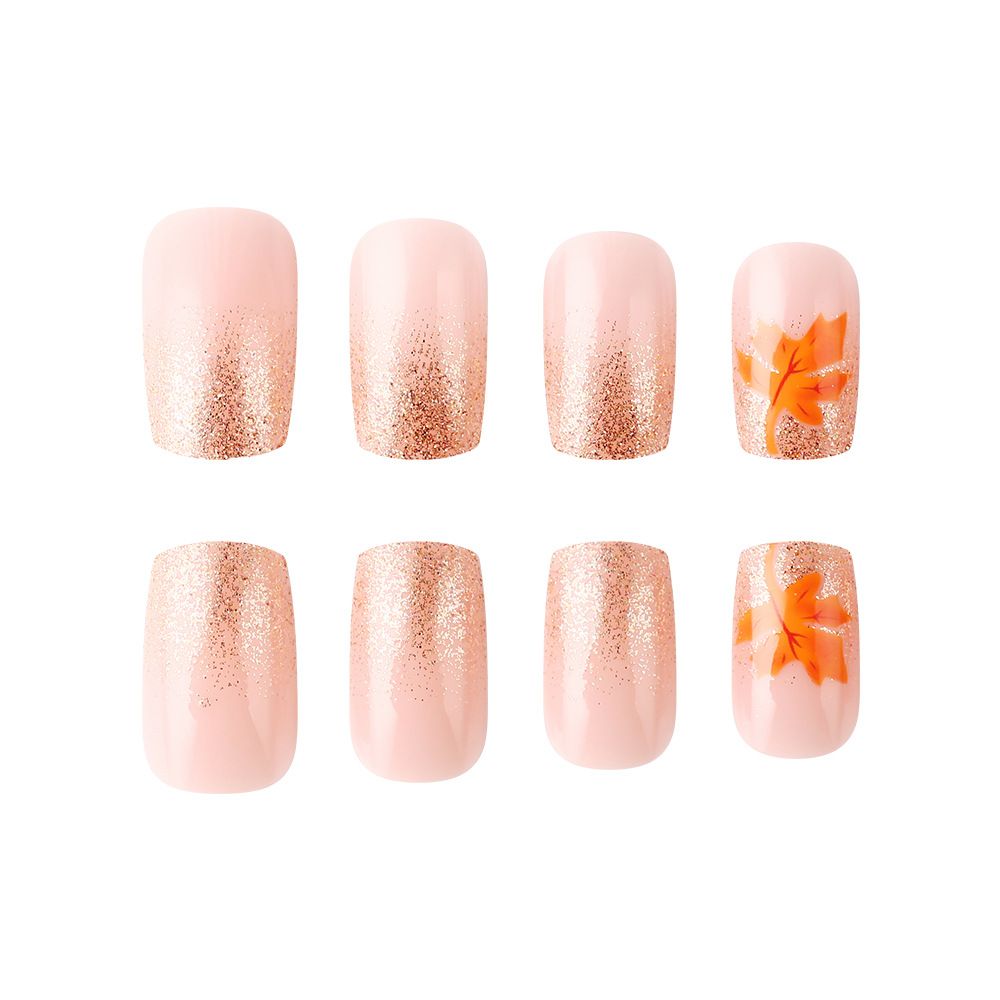 Daily style short-style armored nail sticker with shiny golden glitter and maple leaf design. 24 pieces of fake nails for export. Nail sticker. view 5