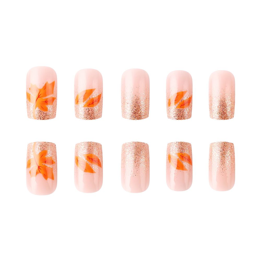 Daily style short-style armored nail sticker with shiny golden glitter and maple leaf design. 24 pieces of fake nails for export. Nail sticker. view 6