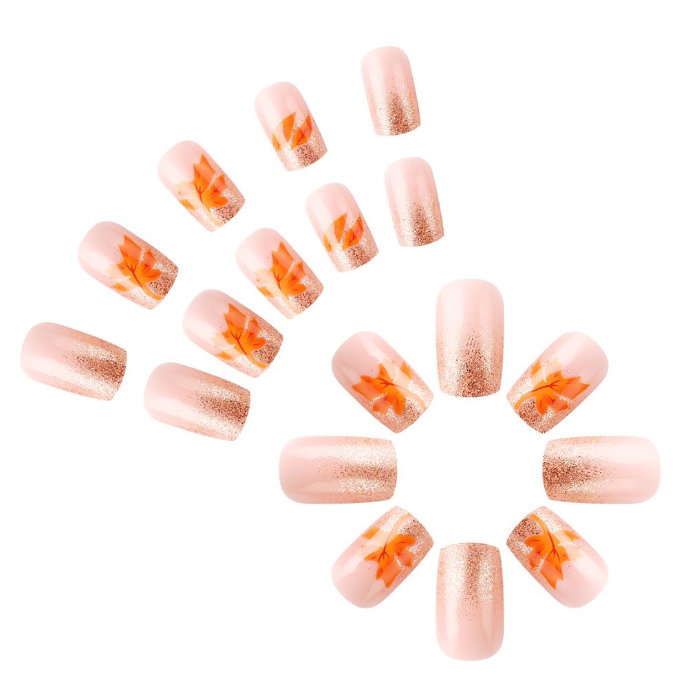 Daily style short-style armored nail sticker with shiny golden glitter and maple leaf design. 24 pieces of fake nails for export. Nail sticker. view 7