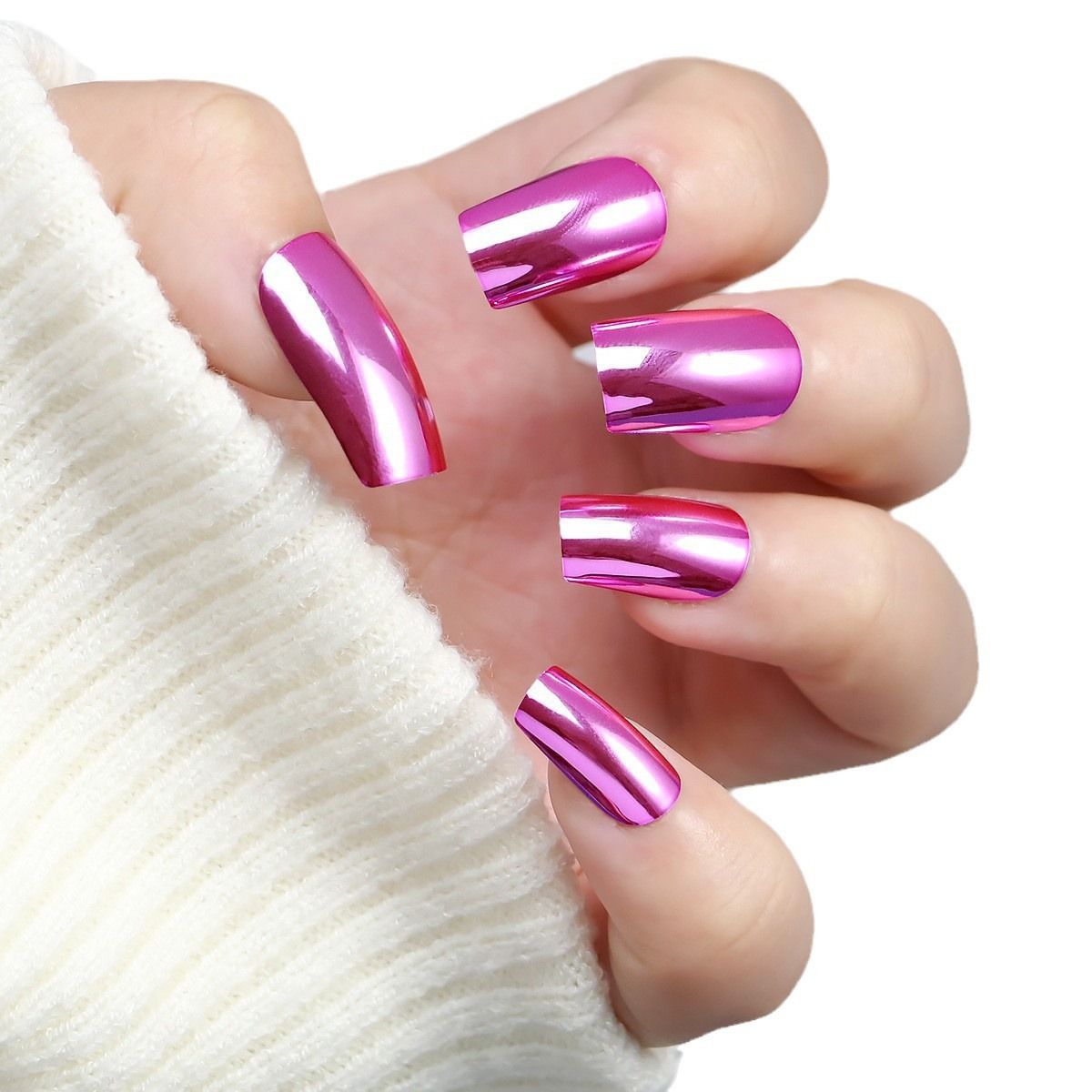 Silver-colored wearable nail tips, simple solid color short false nail tips, silver nail art stickers, ready-made nail tips, 24 pieces per pack.