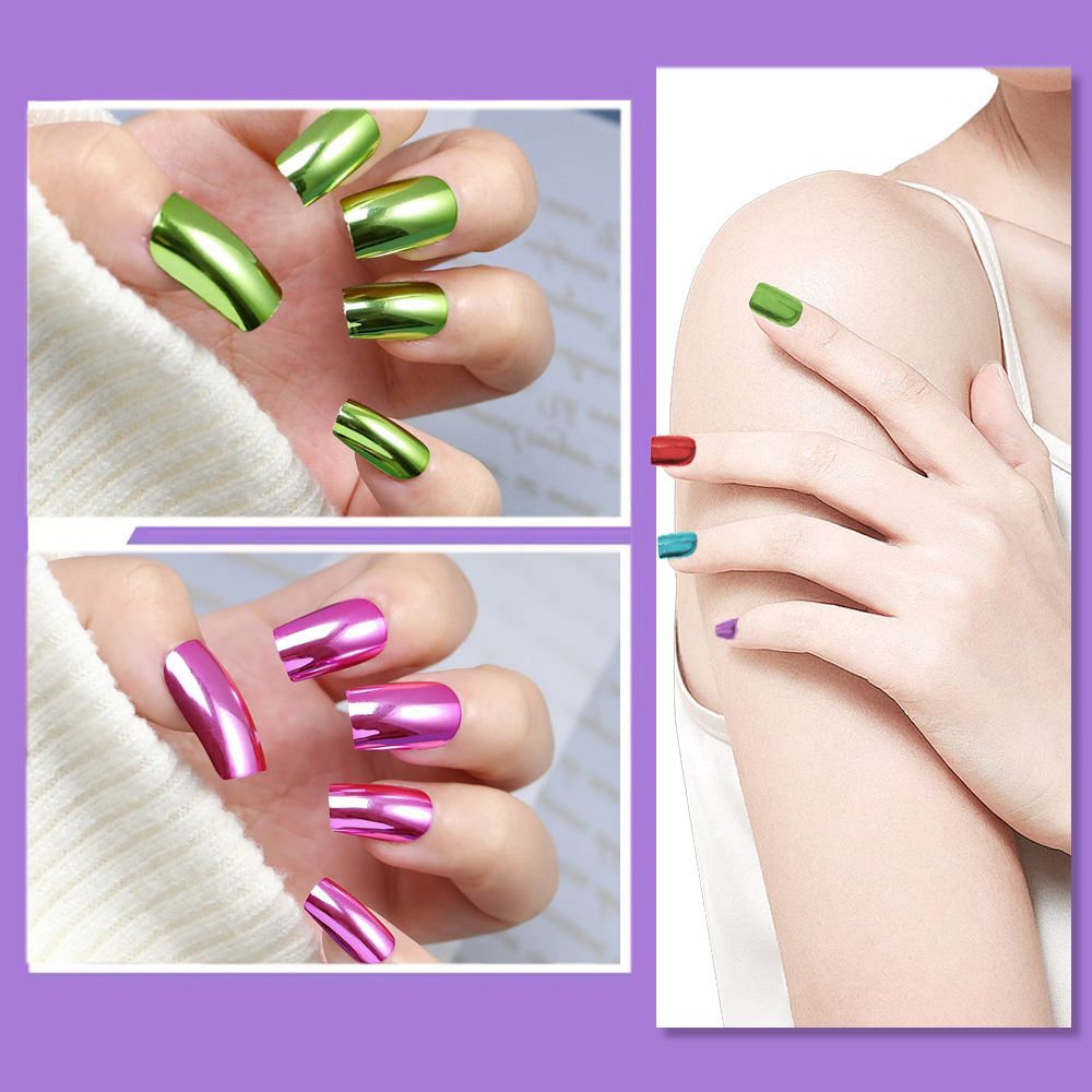 Silver-colored wearable nail tips, simple solid color short false nail tips, silver nail art stickers, ready-made nail tips, 24 pieces per pack.