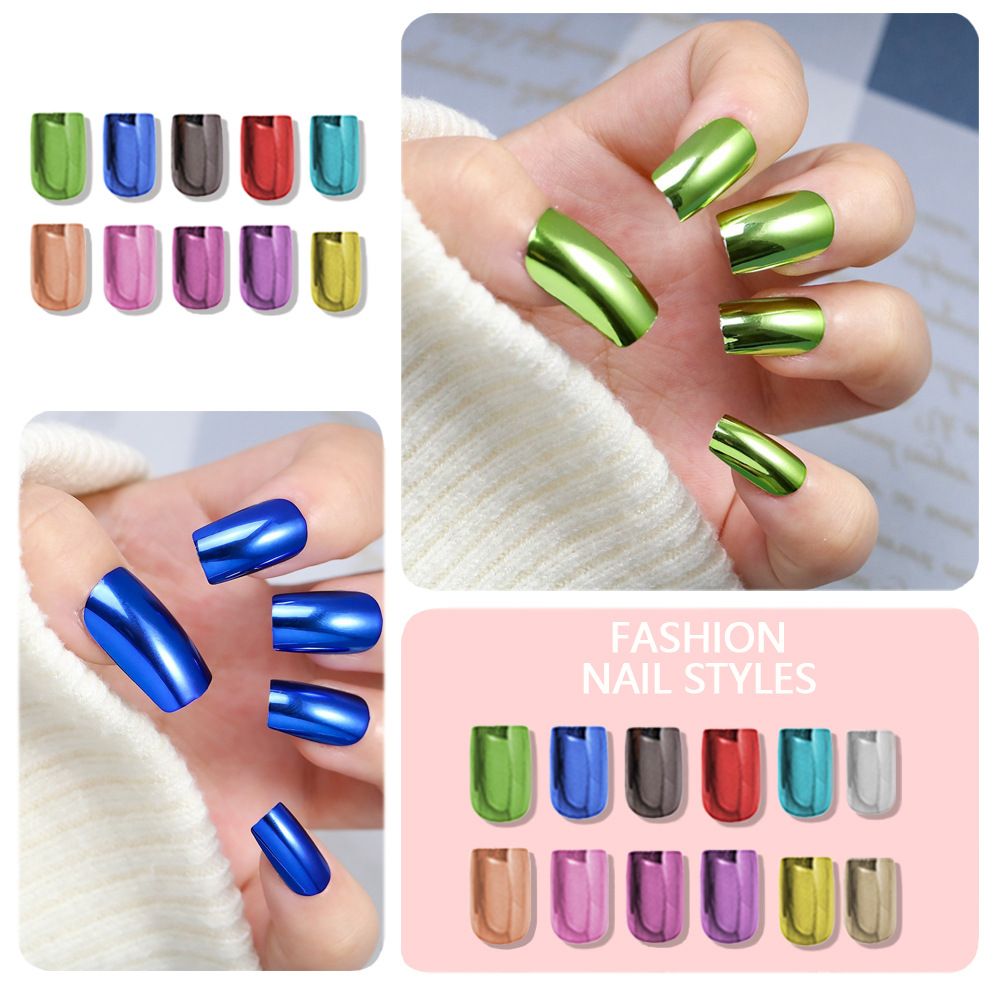 Silver-colored wearable nail tips, simple solid color short false nail tips, silver nail art stickers, ready-made nail tips, 24 pieces per pack.