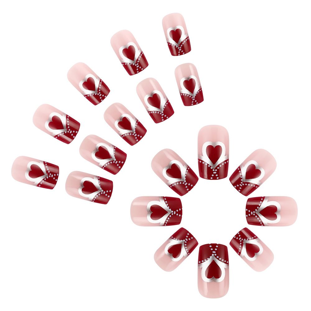 24 pieces of false nails in European style with red heart and silver polka dots French tips for wearing view 8