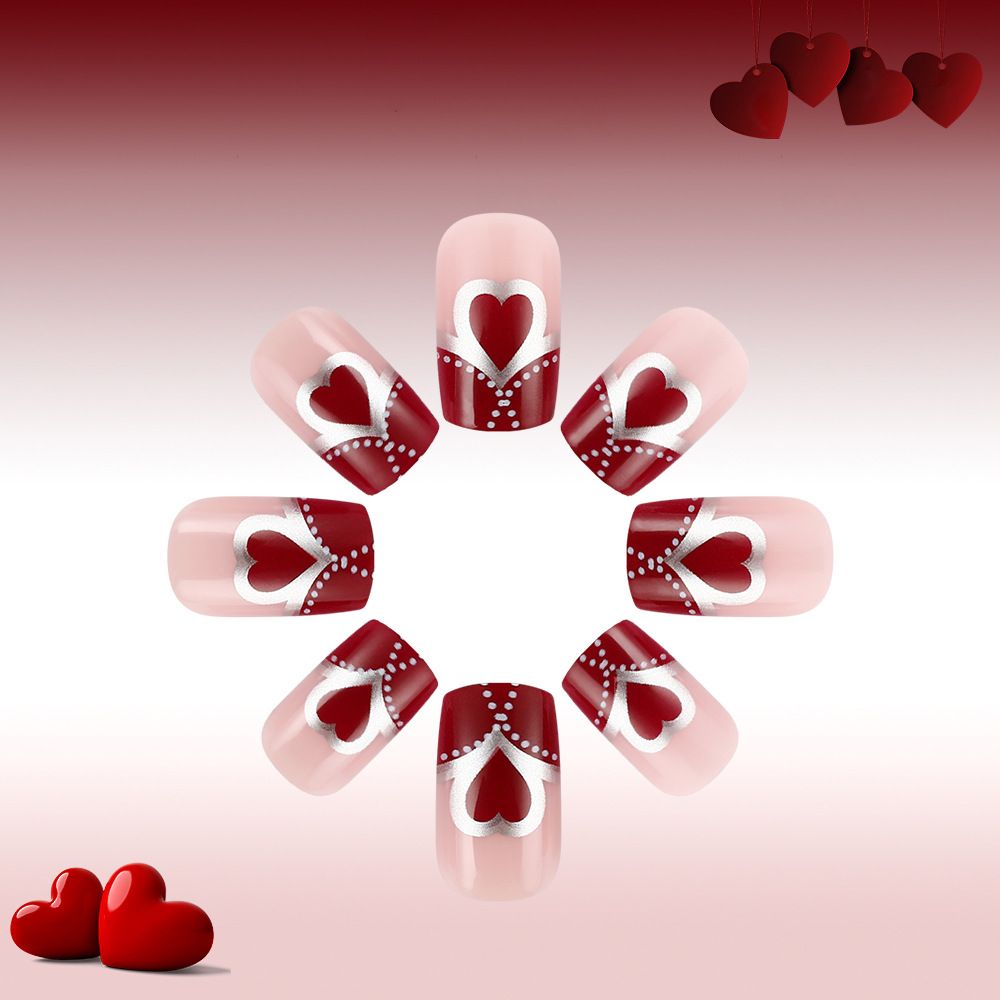 24 pieces of false nails in European style with red heart and silver polka dots French tips for wearing view 3