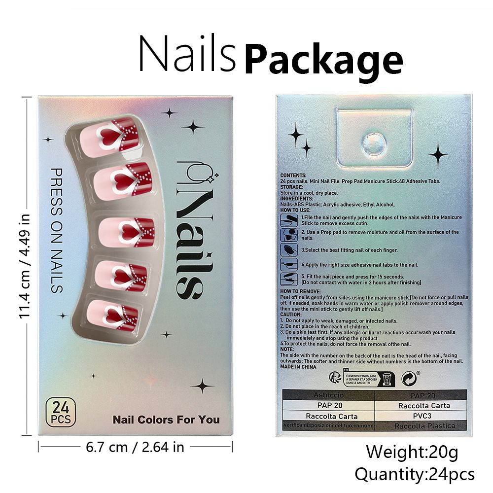 24 pieces of false nails in European style with red heart and silver polka dots French tips for wearing view 7