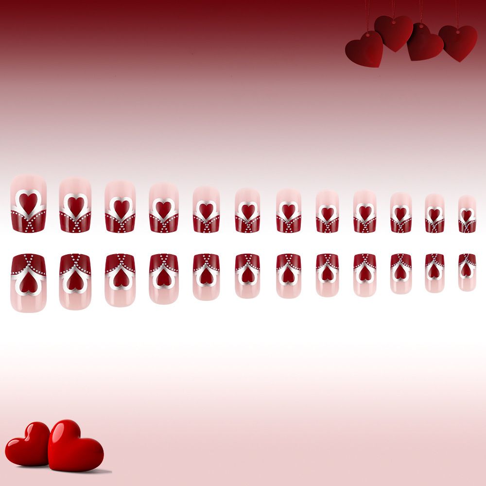 24 pieces of false nails in European style with red heart and silver polka dots French tips for wearing view 4