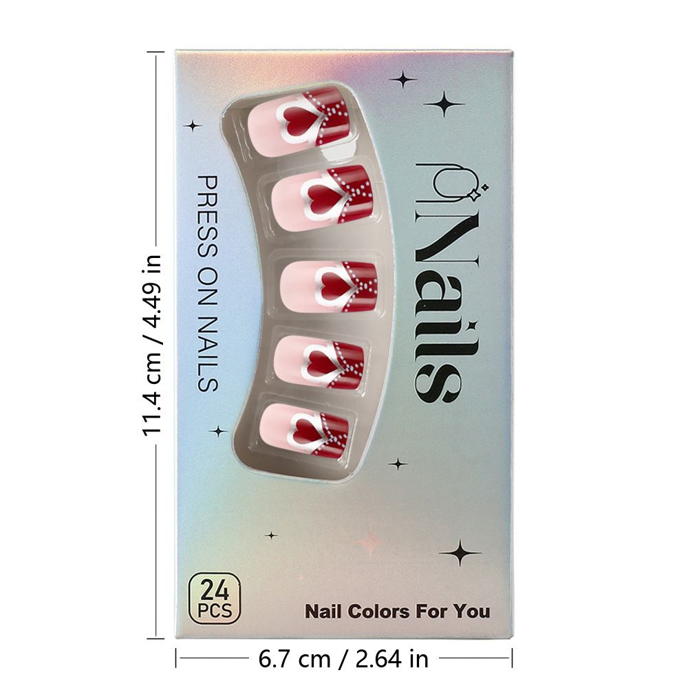 24 pieces of false nails in European style with red heart and silver polka dots French tips for wearing view 6