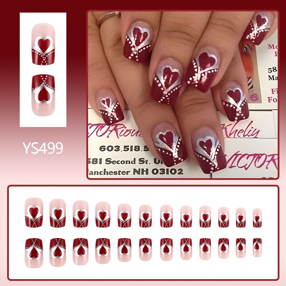 24 pieces of false nails in European style with red heart and silver polka dots French tips for wearing view 2