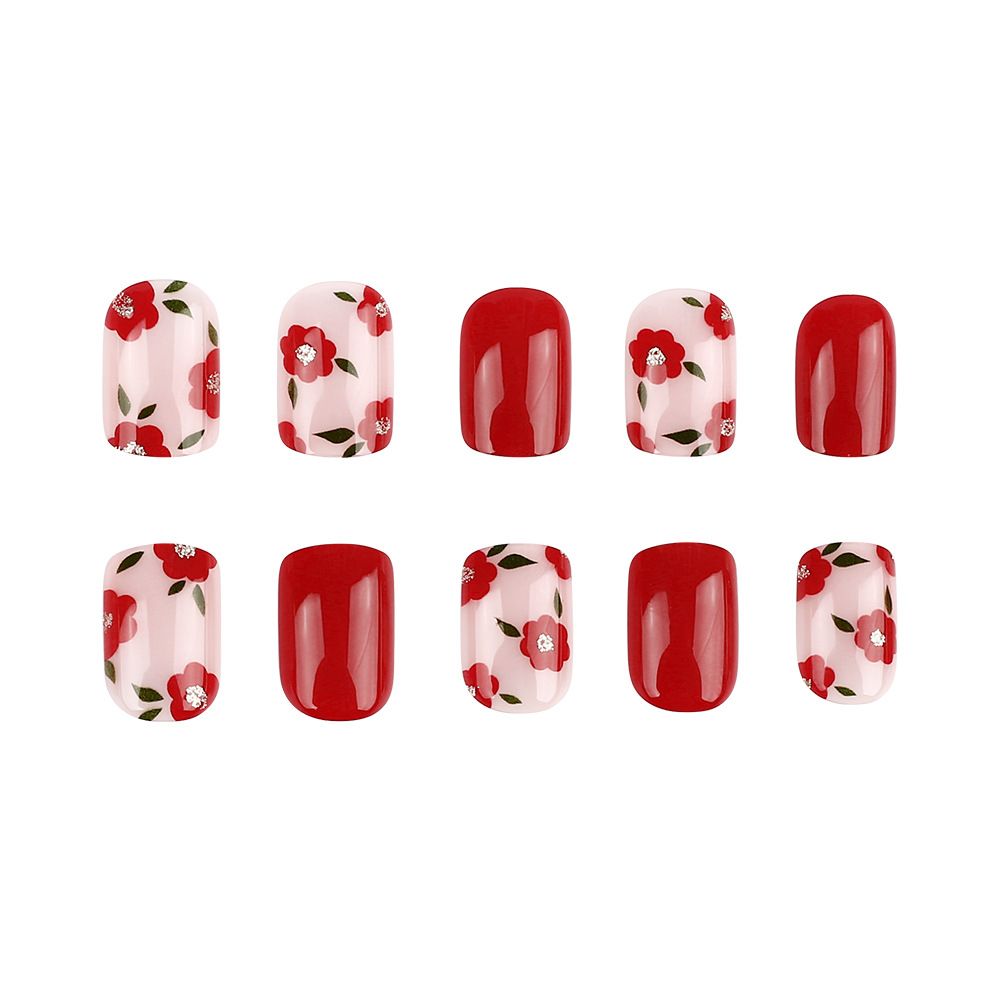 Short shiny square-shaped nail art with contrasting small flowers, sweet fake nails, spring/summer style manicure, red color, 24 pieces of nails to wear. view 3