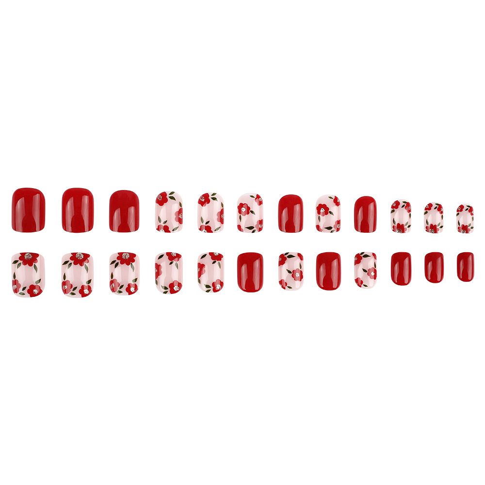 Short shiny square-shaped nail art with contrasting small flowers, sweet fake nails, spring/summer style manicure, red color, 24 pieces of nails to wear. view 5