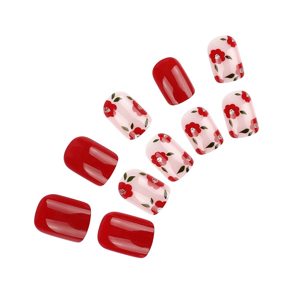 Short shiny square-shaped nail art with contrasting small flowers, sweet fake nails, spring/summer style manicure, red color, 24 pieces of nails to wear. view 4