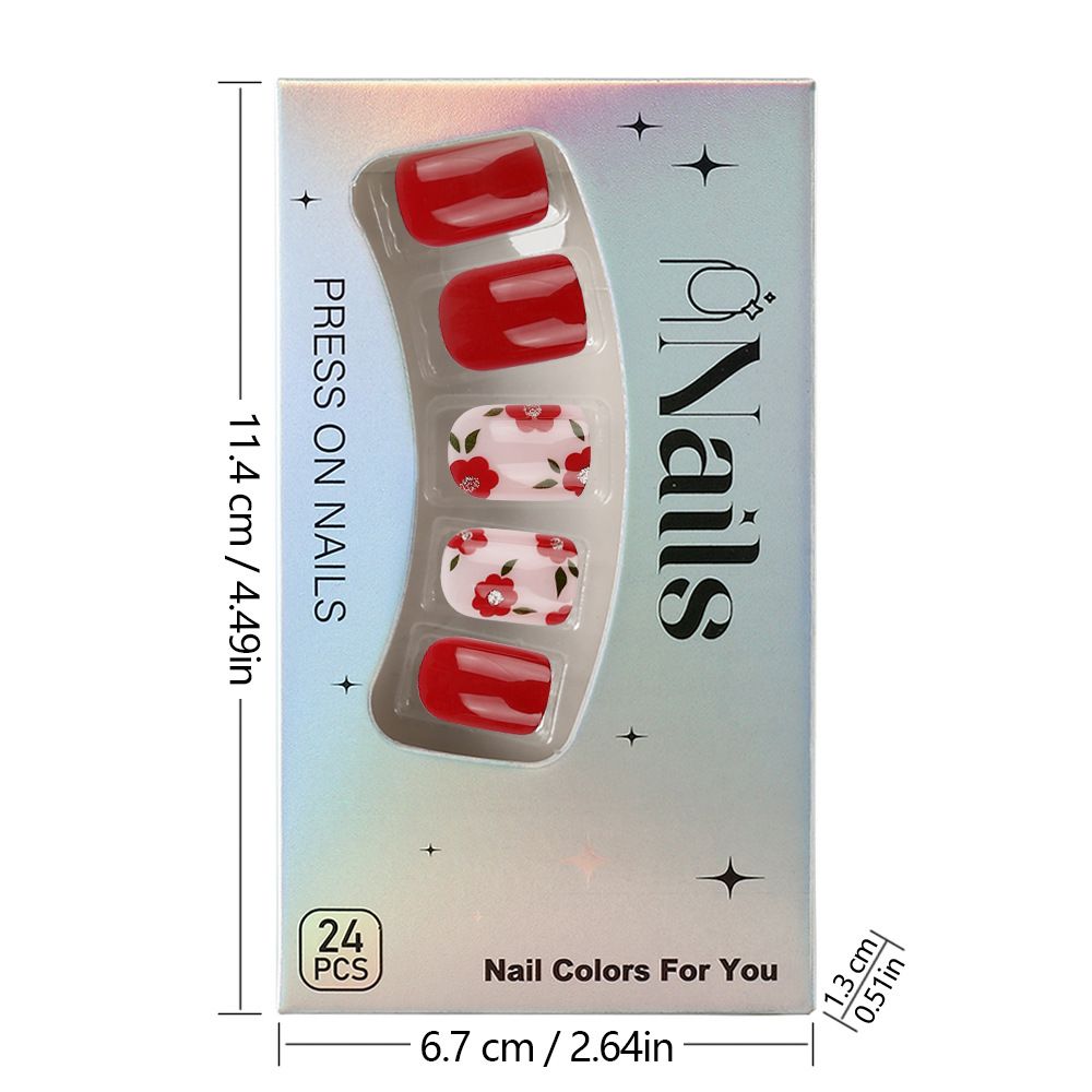 Short shiny square-shaped nail art with contrasting small flowers, sweet fake nails, spring/summer style manicure, red color, 24 pieces of nails to wear. view 8