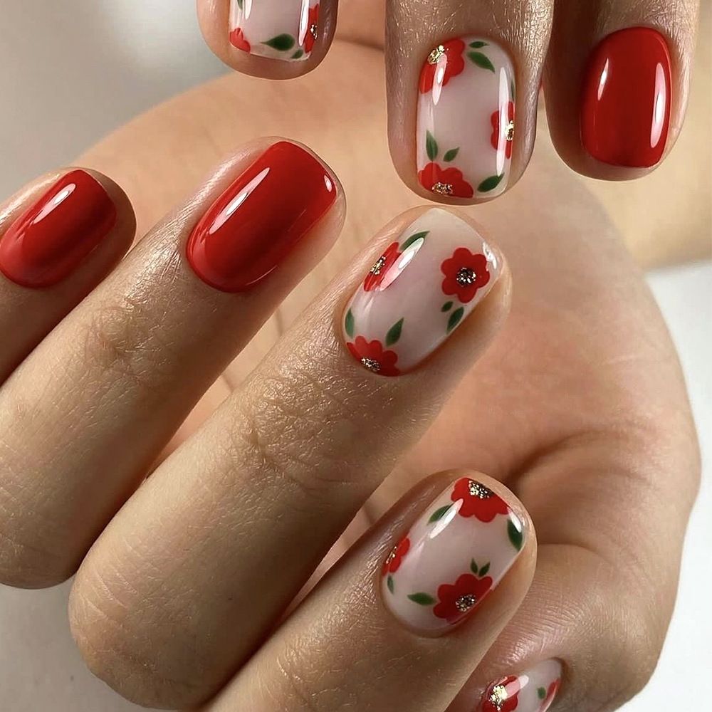 Short shiny square-shaped nail art with contrasting small flowers, sweet fake nails, spring/summer style manicure, red color, 24 pieces of nails to wear.