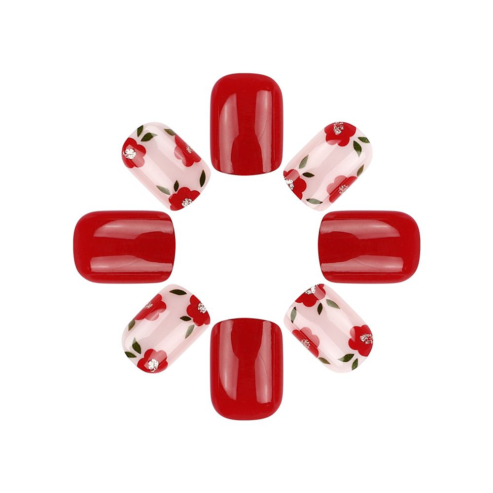 Short shiny square-shaped nail art with contrasting small flowers, sweet fake nails, spring/summer style manicure, red color, 24 pieces of nails to wear. view 6