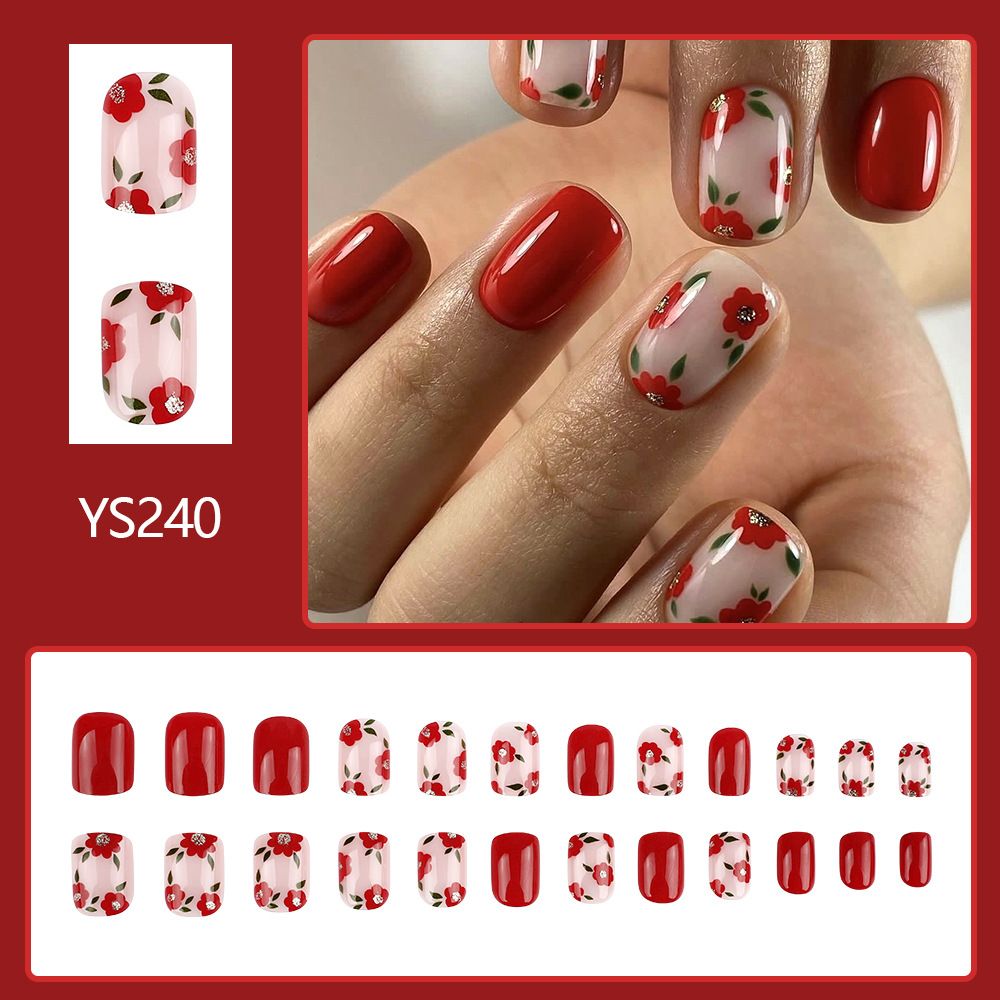 Short shiny square-shaped nail art with contrasting small flowers, sweet fake nails, spring/summer style manicure, red color, 24 pieces of nails to wear. view 2