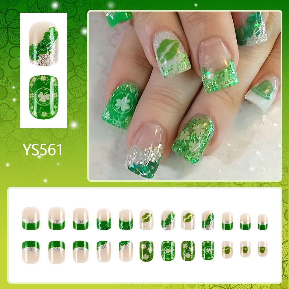 Short shiny four-leaf clover nail art for 2025 St. Patrick view 2