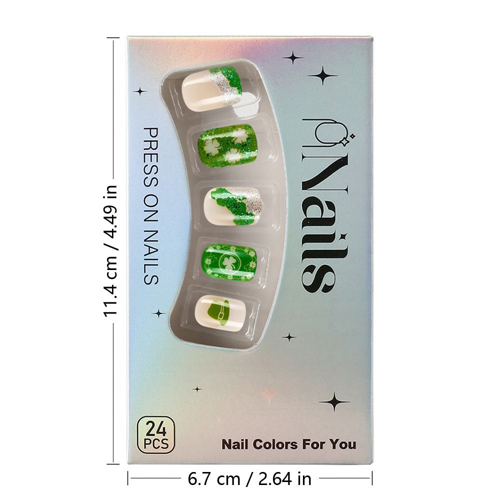 Short shiny four-leaf clover nail art for 2025 St. Patrick view 8