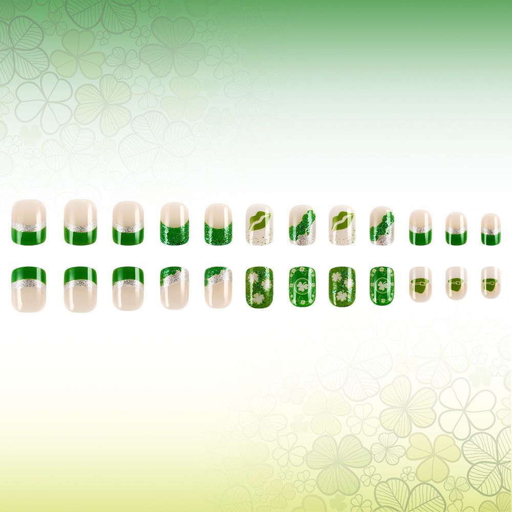 Short shiny four-leaf clover nail art for 2025 St. Patrick view 5