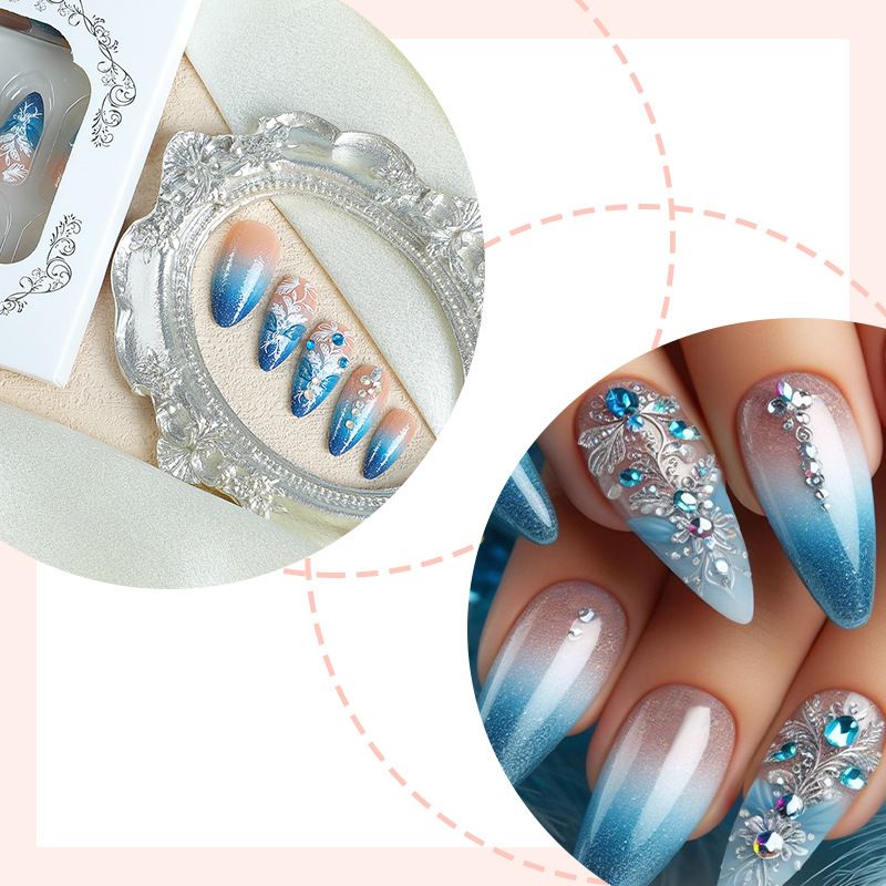 Wearable armor high-end style artificial nails, almond-shaped nails, luxury model with engraved patterns and set with diamonds. Nail stickers for wearable armor.