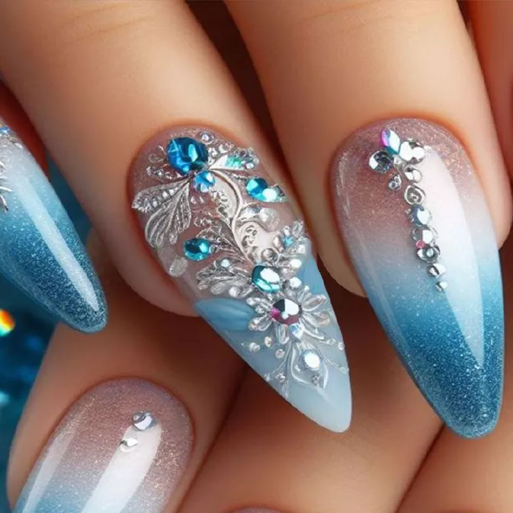 Wearable armor high-end style artificial nails, almond-shaped nails, luxury model with engraved patterns and set with diamonds. Nail stickers for wearable armor.