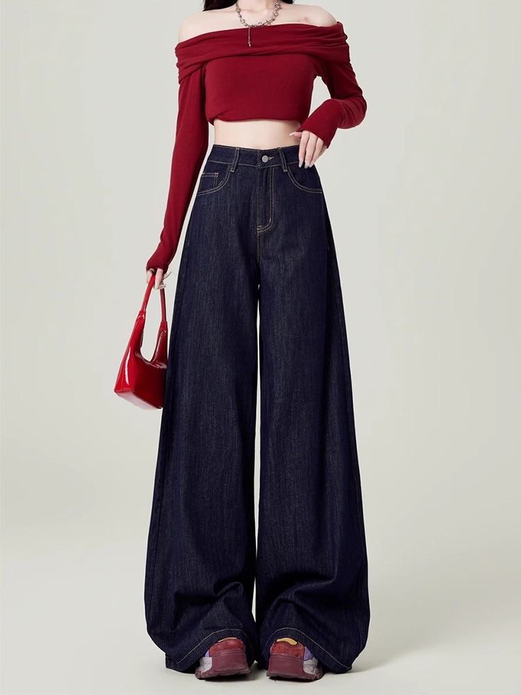 Women's trousers  bottoms  jeans  thin  trendy wide legs dark blue jeans  women's jeans   high waist  loose  casual pants hot girl mop pants