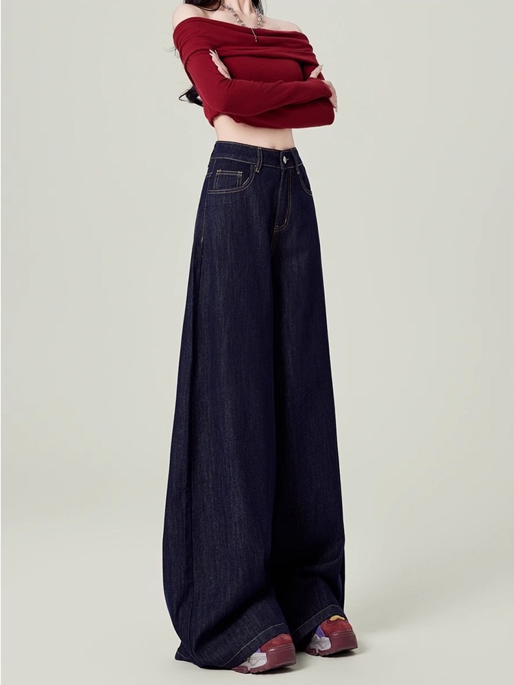 Women's trousers  bottoms  jeans  thin  trendy wide legs dark blue jeans  women's jeans   high waist  loose  casual pants hot girl mop pants