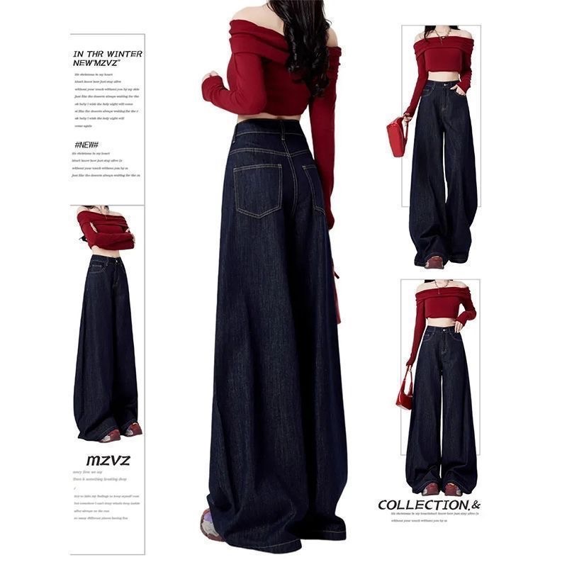 Women's trousers  bottoms  jeans  thin  trendy wide legs dark blue jeans  women's jeans   high waist  loose  casual pants hot girl mop pants