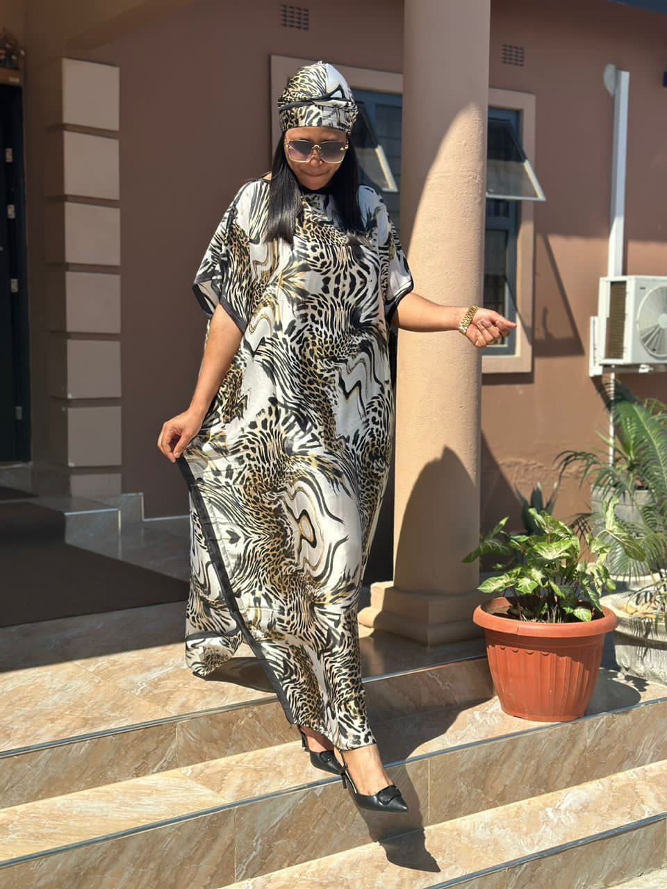 TRENDY FLOWER Ladies Silk Dera Dress – Elegant & Comfortable With Head Wrap/Scarf