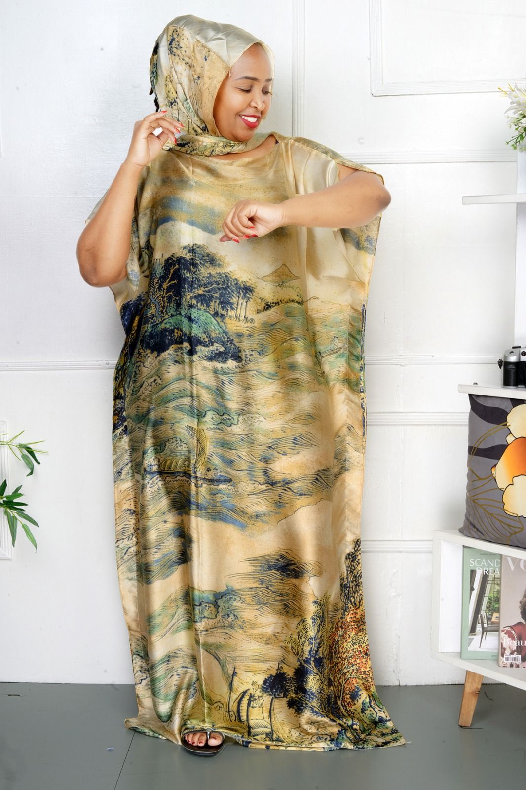 TRENDY FLOWER Ladies Silk Dera Dress – Elegant & Comfortable With Head Wrap/Scarf